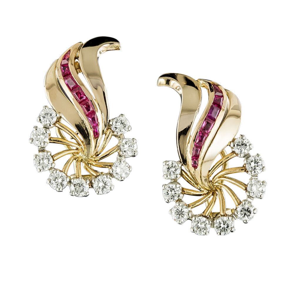 French Retro Ruby and Diamond Leaf Earrings  - 3