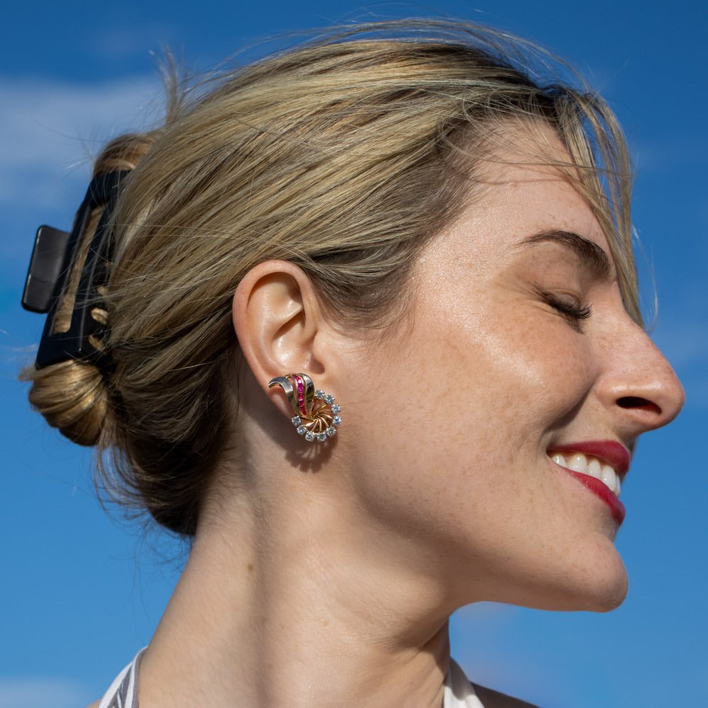 French Retro Ruby and Diamond Leaf Earrings  - 6