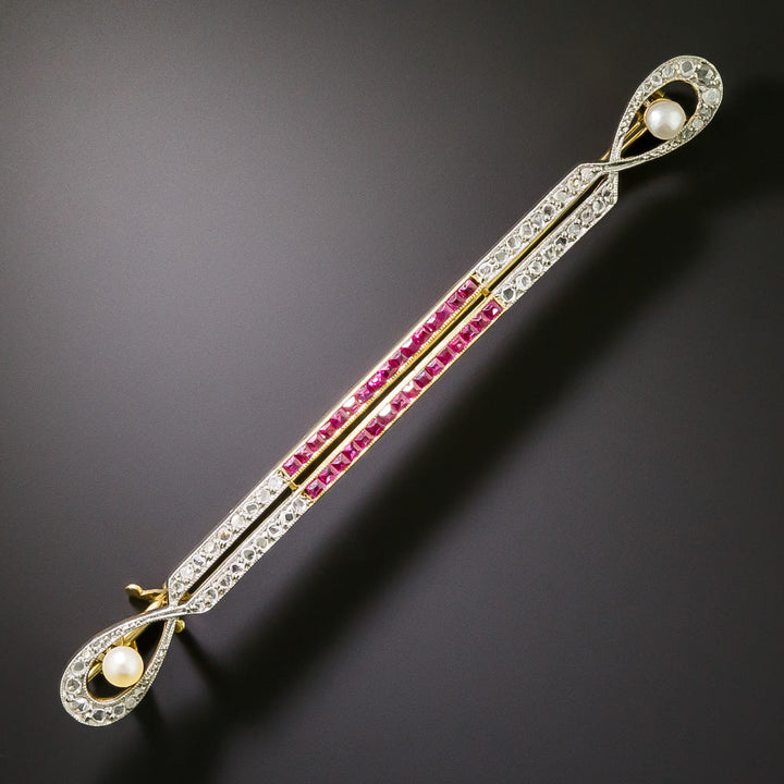 French Ruby, Diamond And Natural Pearl Bar Pin