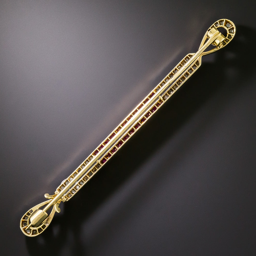 French Ruby, Diamond And Natural Pearl Bar Pin - 4