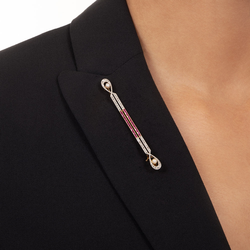 French Ruby, Diamond And Natural Pearl Bar Pin - 5