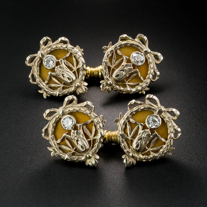 French/Russian Art Nouveau Enameled Diamond Cufflinks