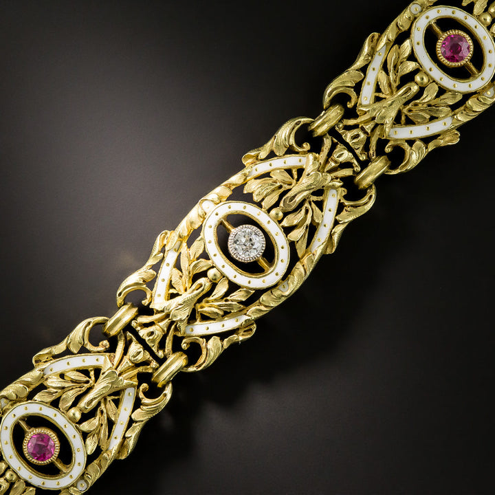 French Second Empire Diamond, Ruby and Enamel 18K Bracelet