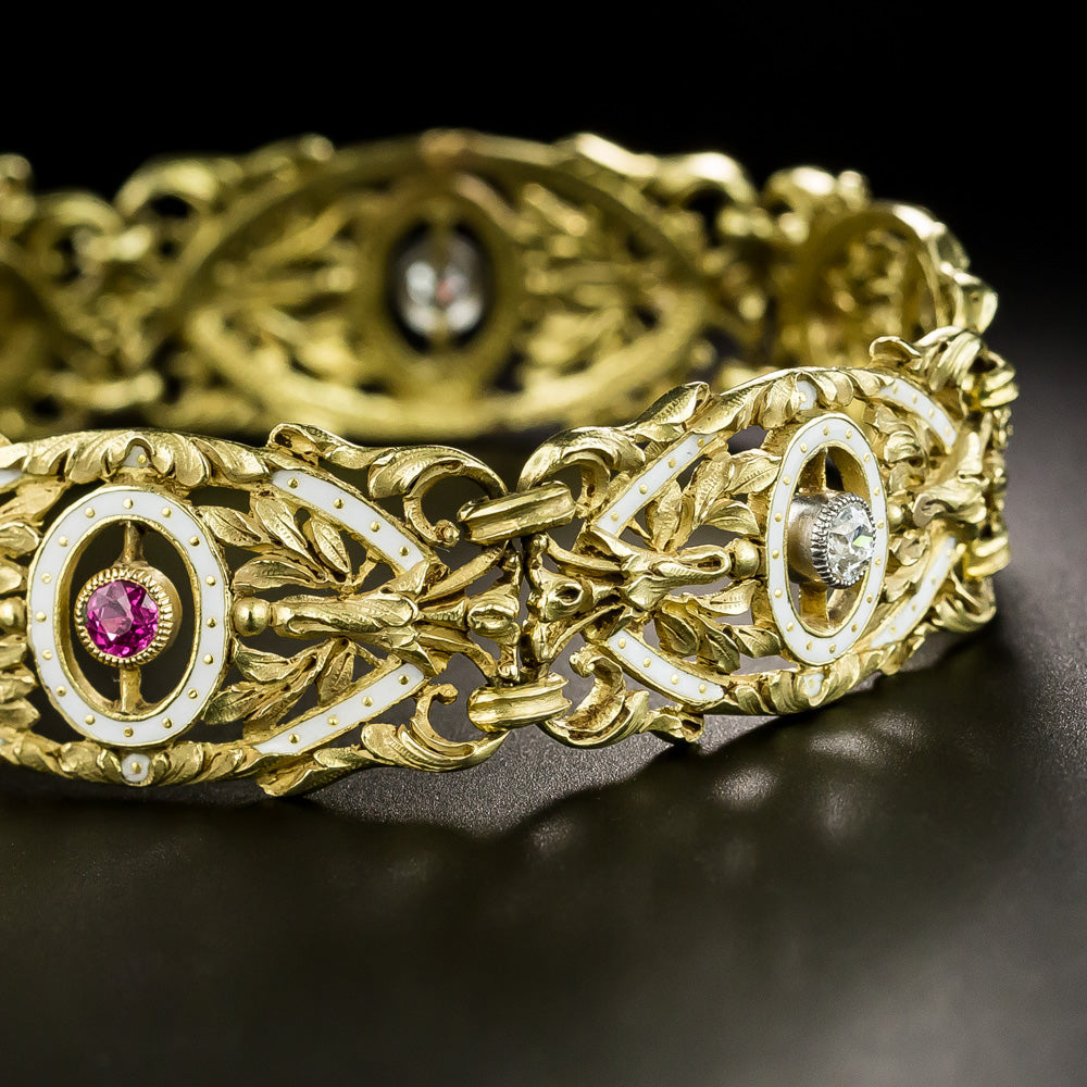 French Second Empire Diamond, Ruby and Enamel 18K Bracelet - 5