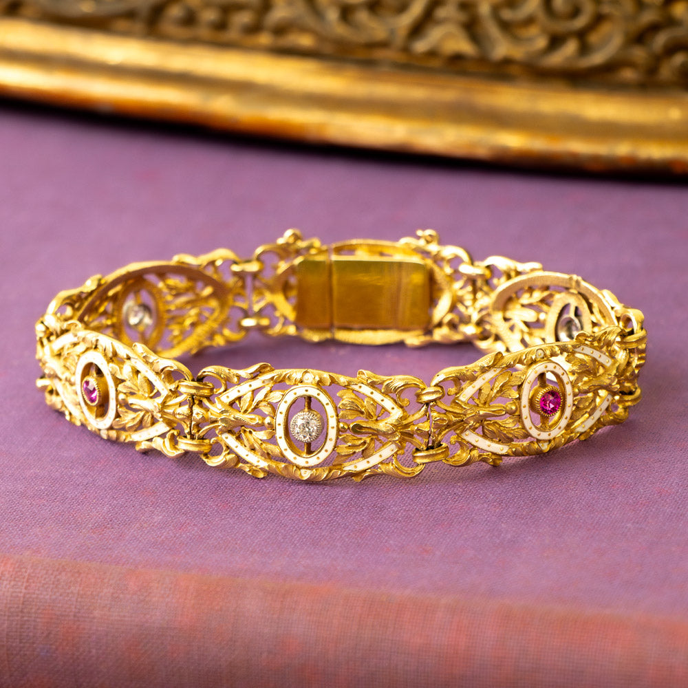 French Second Empire Diamond, Ruby and Enamel 18K Bracelet - 7