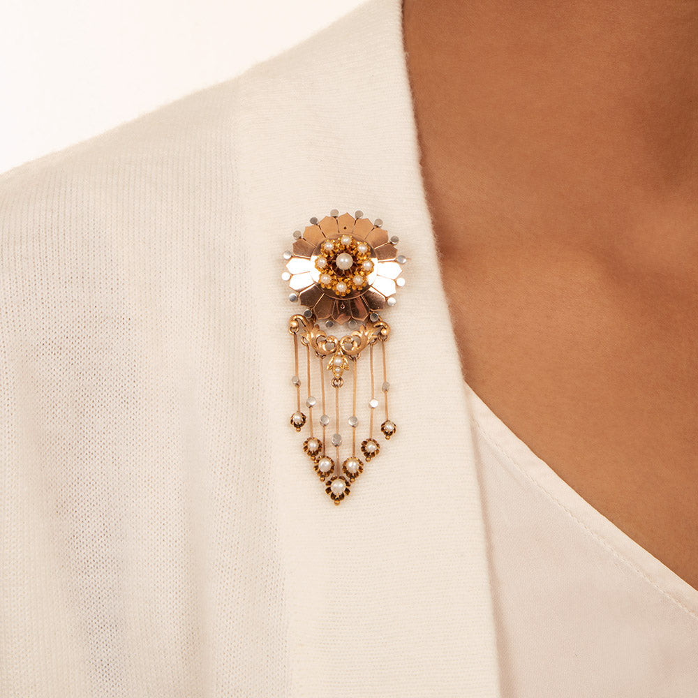 French Victorian Two Tone Pearl Tassel Pendant/Brooch - 6