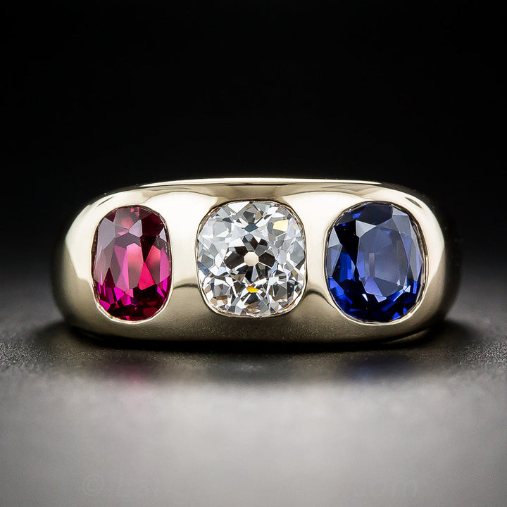 Gemmy No-Heat Ruby, Diamond and Sapphire Three-Stone Ring