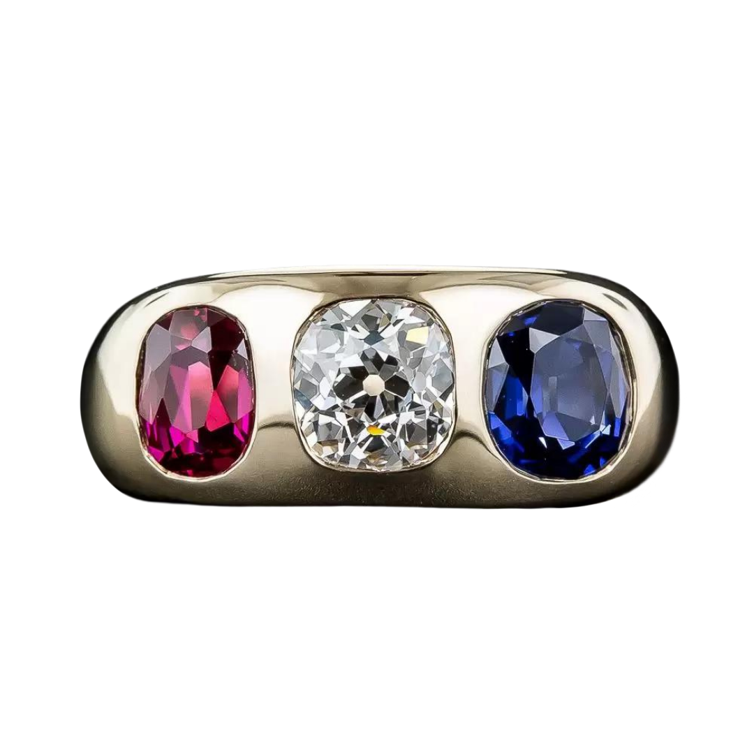 Gemmy No-Heat Ruby, Diamond and Sapphire Three-Stone Ring - 6