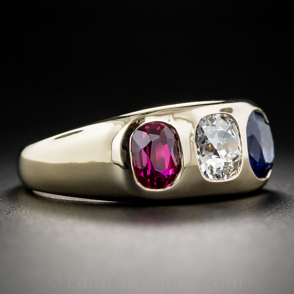 Gemmy No-Heat Ruby, Diamond and Sapphire Three-Stone Ring - 3