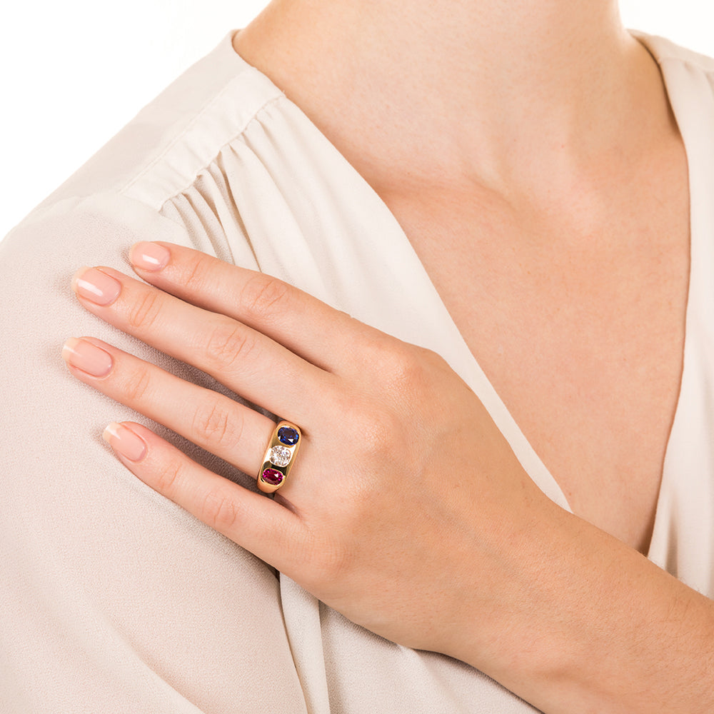 Gemmy No-Heat Ruby, Diamond and Sapphire Three-Stone Ring - 7