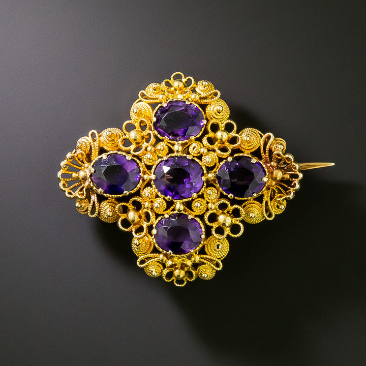 Georgian 18K Amethyst Cannetille Brooch