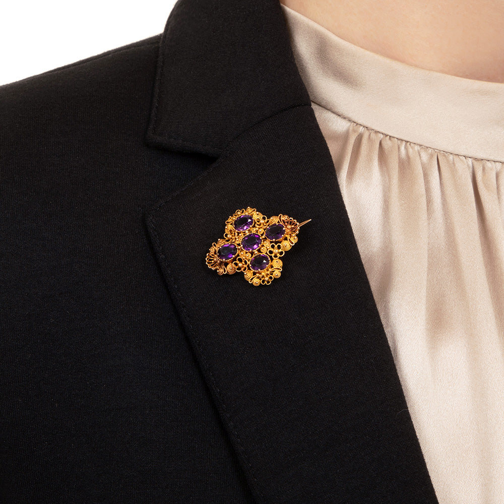 Georgian 18K Amethyst Cannetille Brooch - 4