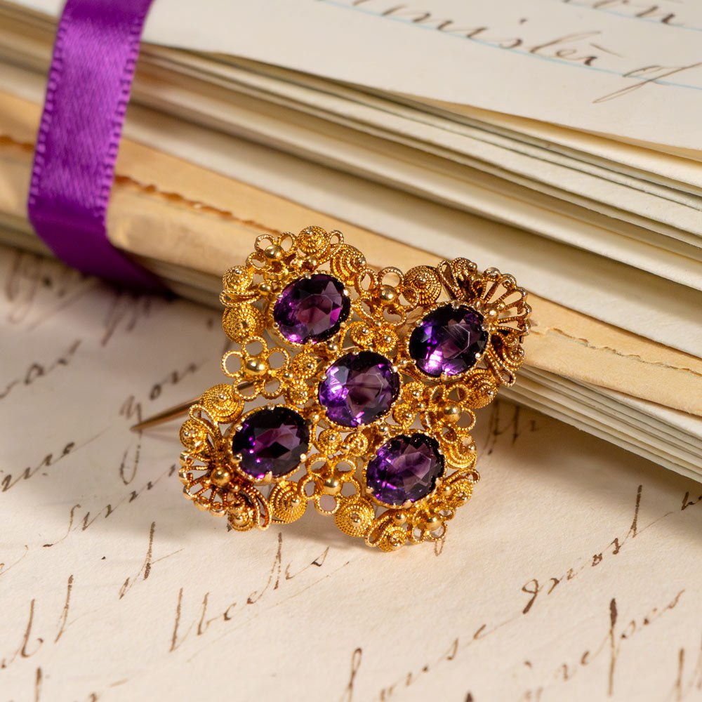 Georgian 18K Amethyst Cannetille Brooch - 5