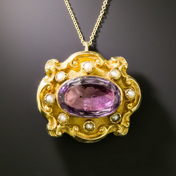 Georgian Amethyst and Seed Pearl Brooch/Pendant