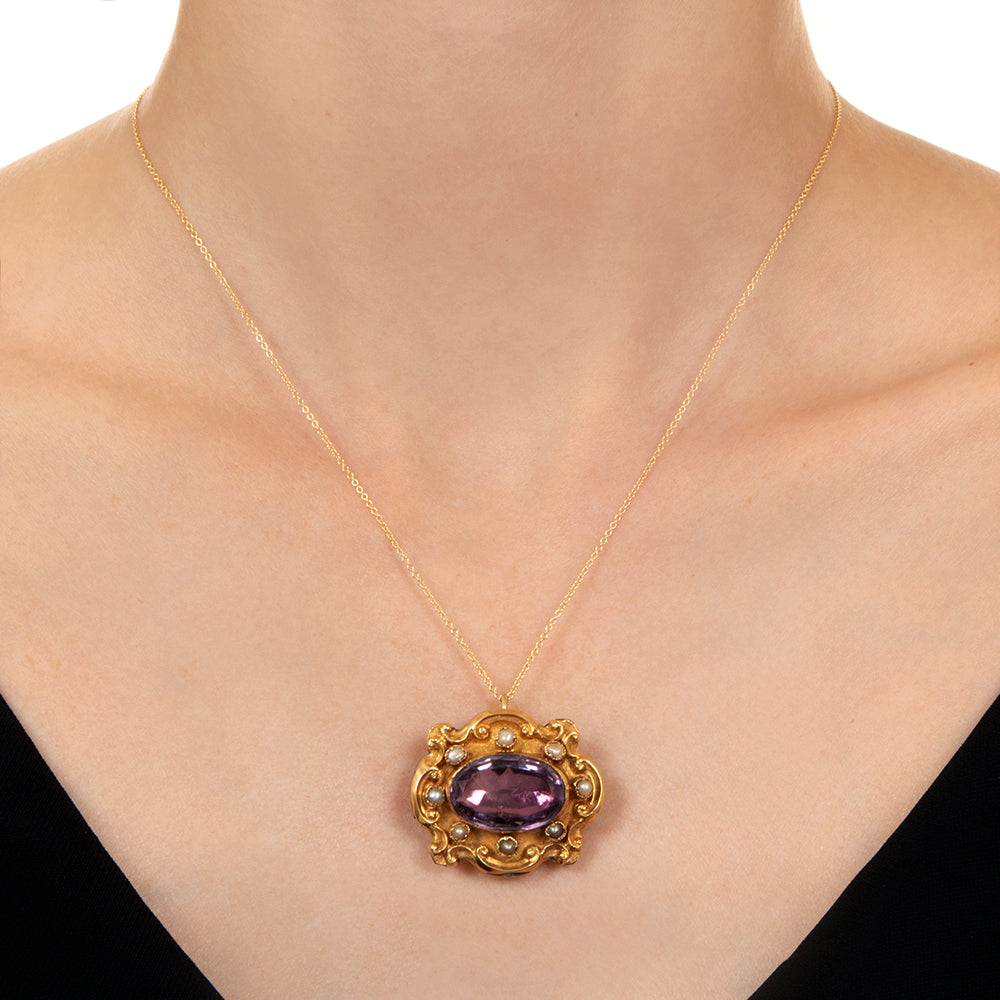 Georgian Amethyst and Seed Pearl Brooch/Pendant - 3