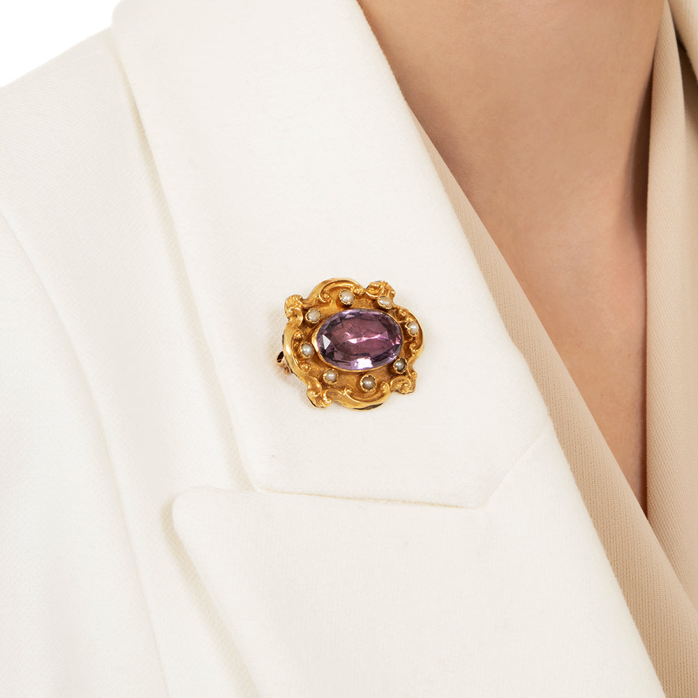 Georgian Amethyst and Seed Pearl Brooch/Pendant - 4