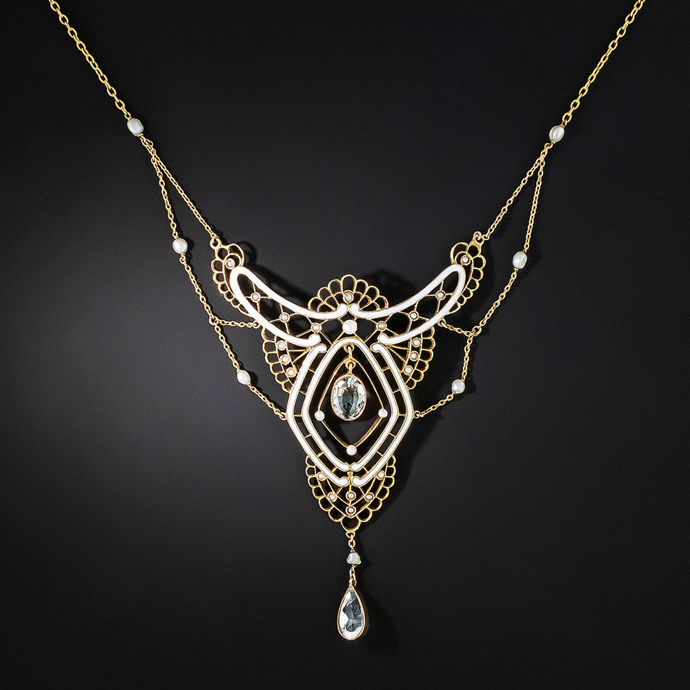 German Aquamarine, Enamel and Pearl Festoon Necklace, Circa 1900 - 2