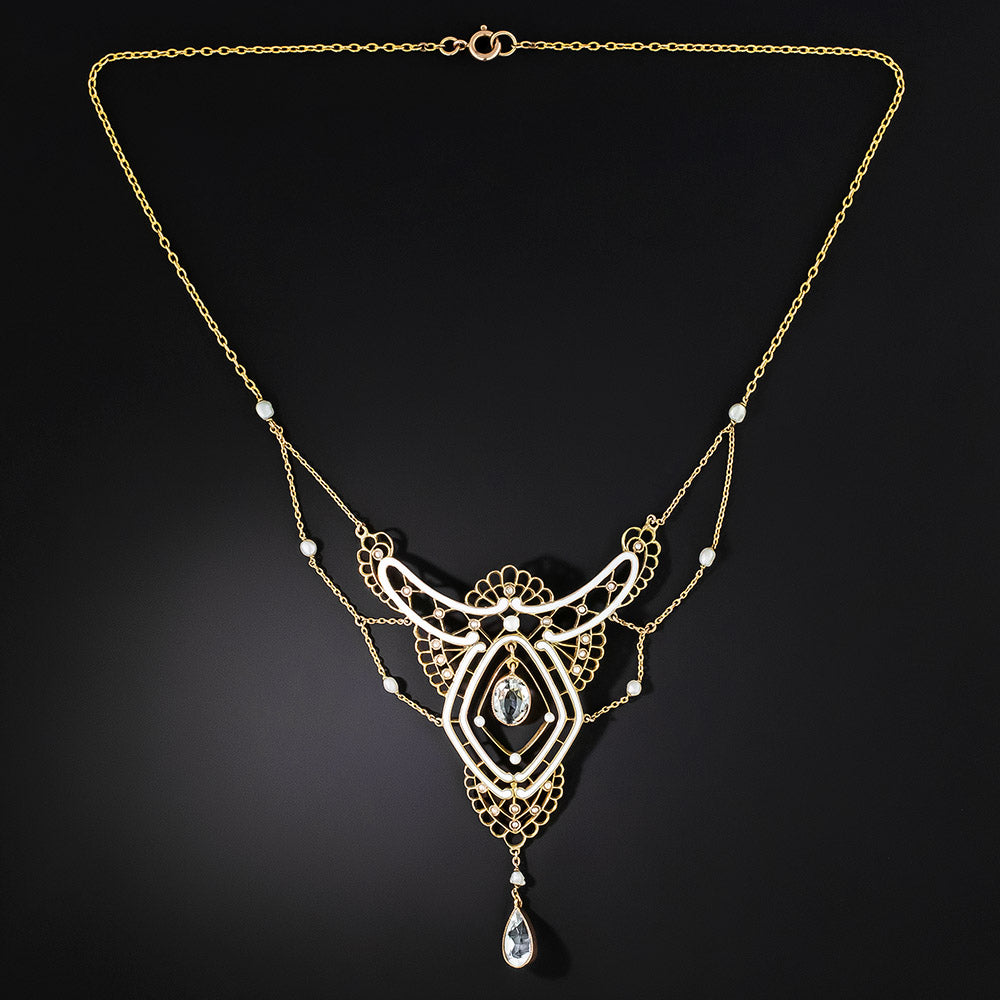 German Aquamarine, Enamel and Pearl Festoon Necklace, Circa 1900 - 3
