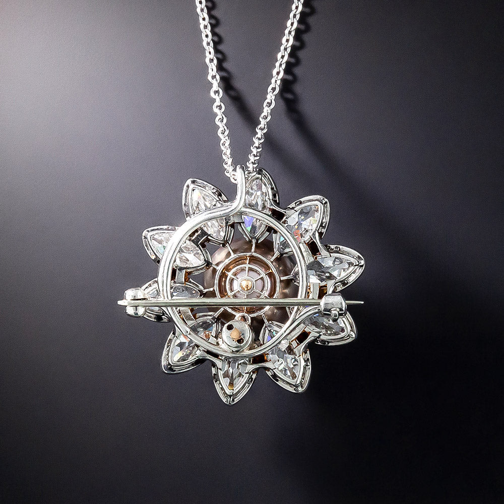 Important Natural Pearl and Marquise Diamond Flower Pendant/Brooch - GIA - 2