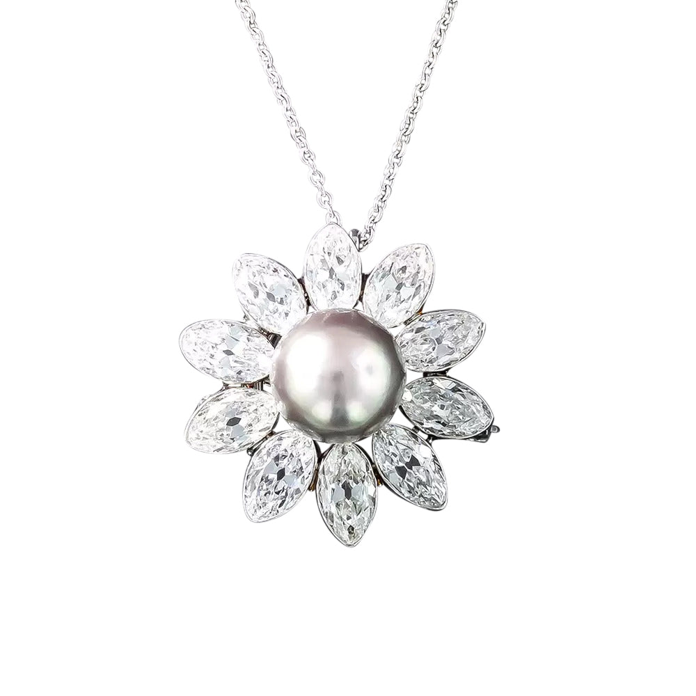 Important Natural Pearl and Marquise Diamond Flower Pendant/Brooch - GIA - 3