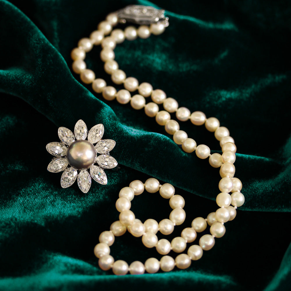 Important Natural Pearl and Marquise Diamond Flower Pendant/Brooch - GIA - 8