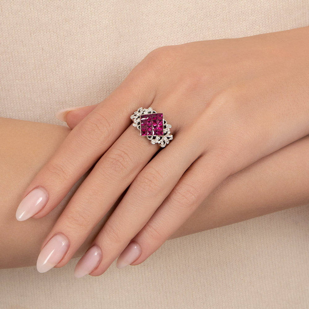 Invisible Set Ruby and Diamond Ring, Size 6 - 6
