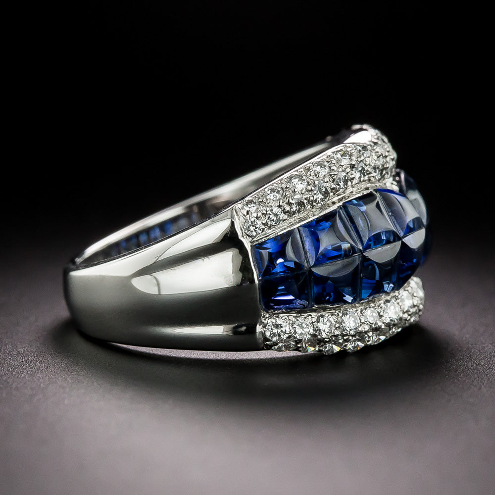 Invisibly Set Sapphire and Diamond Bow Ring, Size 6 1/2 - 4