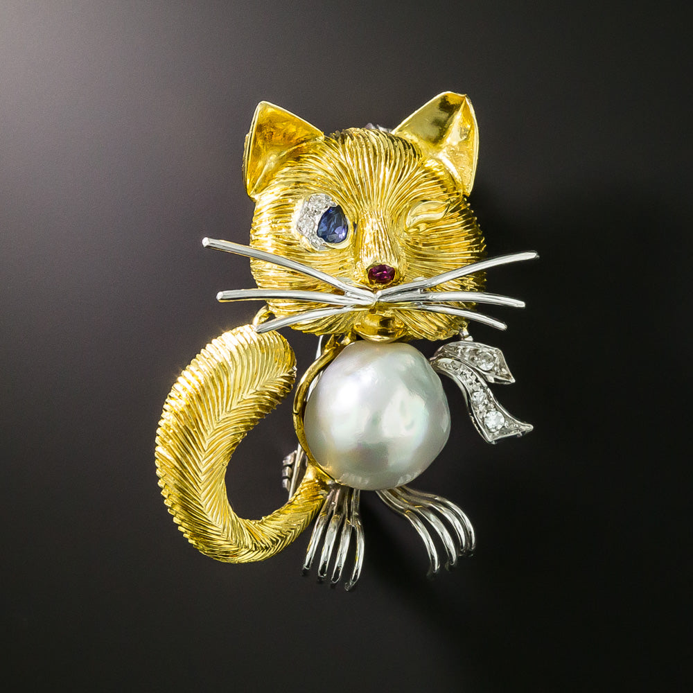 Italian Pearl and Multi-Gem Cat Brooch - 2