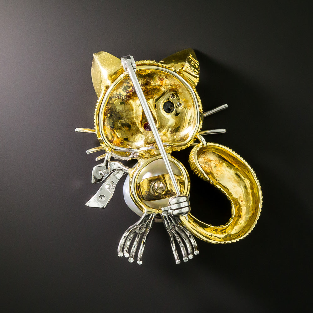 Italian Pearl and Multi-Gem Cat Brooch - 3