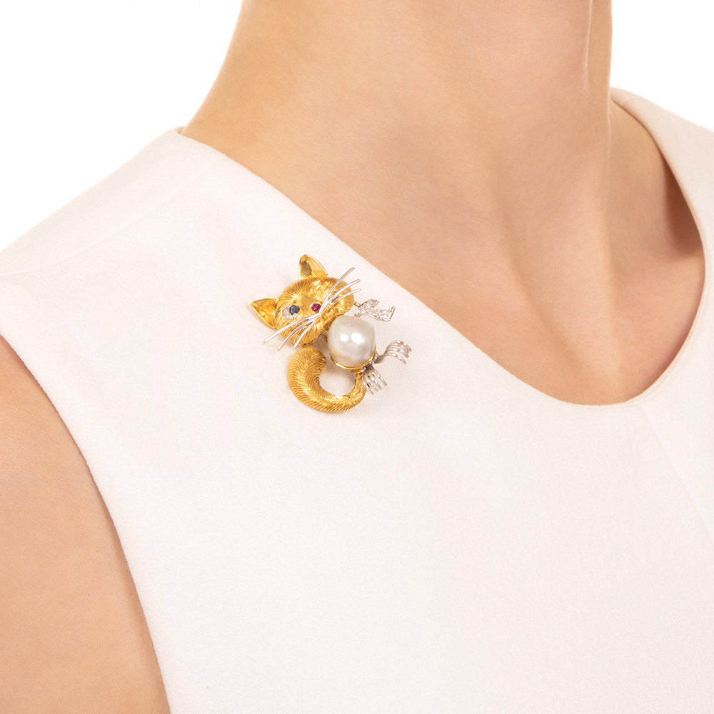 Italian Pearl and Multi-Gem Cat Brooch - 4
