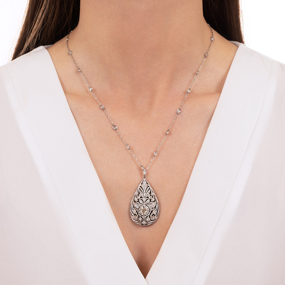 Edwardian Platinum Diamond Onyx Pendant Necklace - *J.E. Caldwell - 2