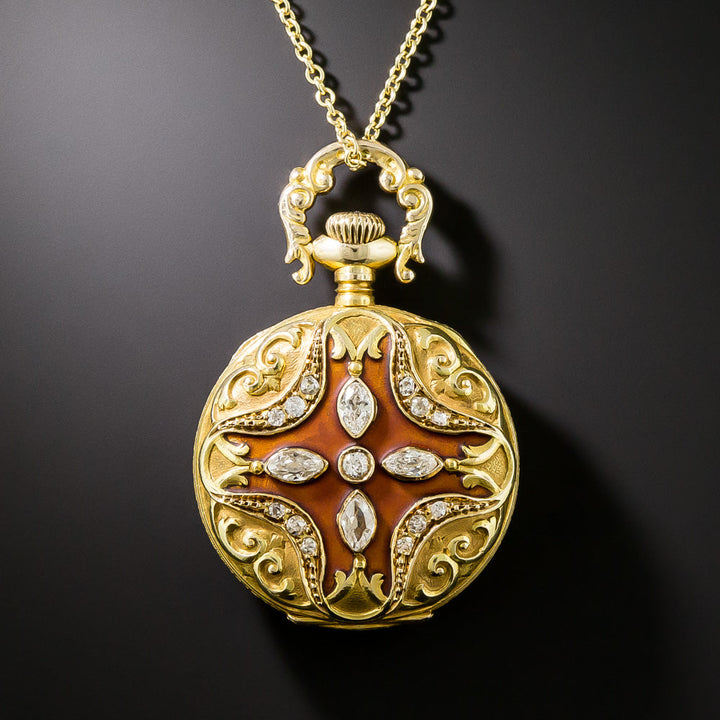 Lady Elgin Enamel and Diamond Pendant Pocket Watch, Circa 1901