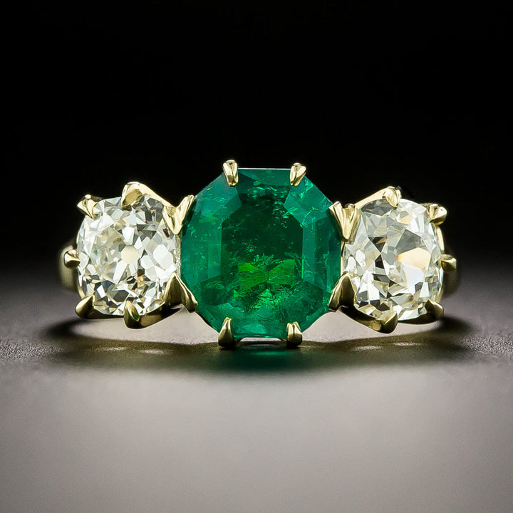 Lang Collection 1.68 Carat Emerald and Diamond Three-Stone 18K Ring - GIA