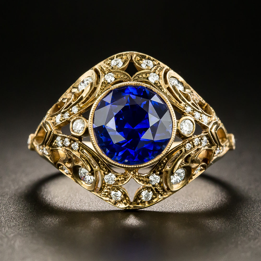 Lang Collection 3.68 Carat Round Sapphire and Diamond 18K Ring  - 2