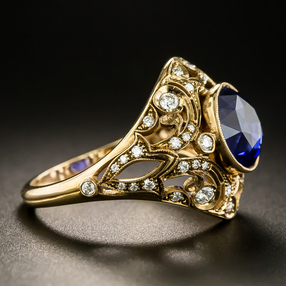 Lang Collection 3.68 Carat Round Sapphire and Diamond 18K Ring  - 3