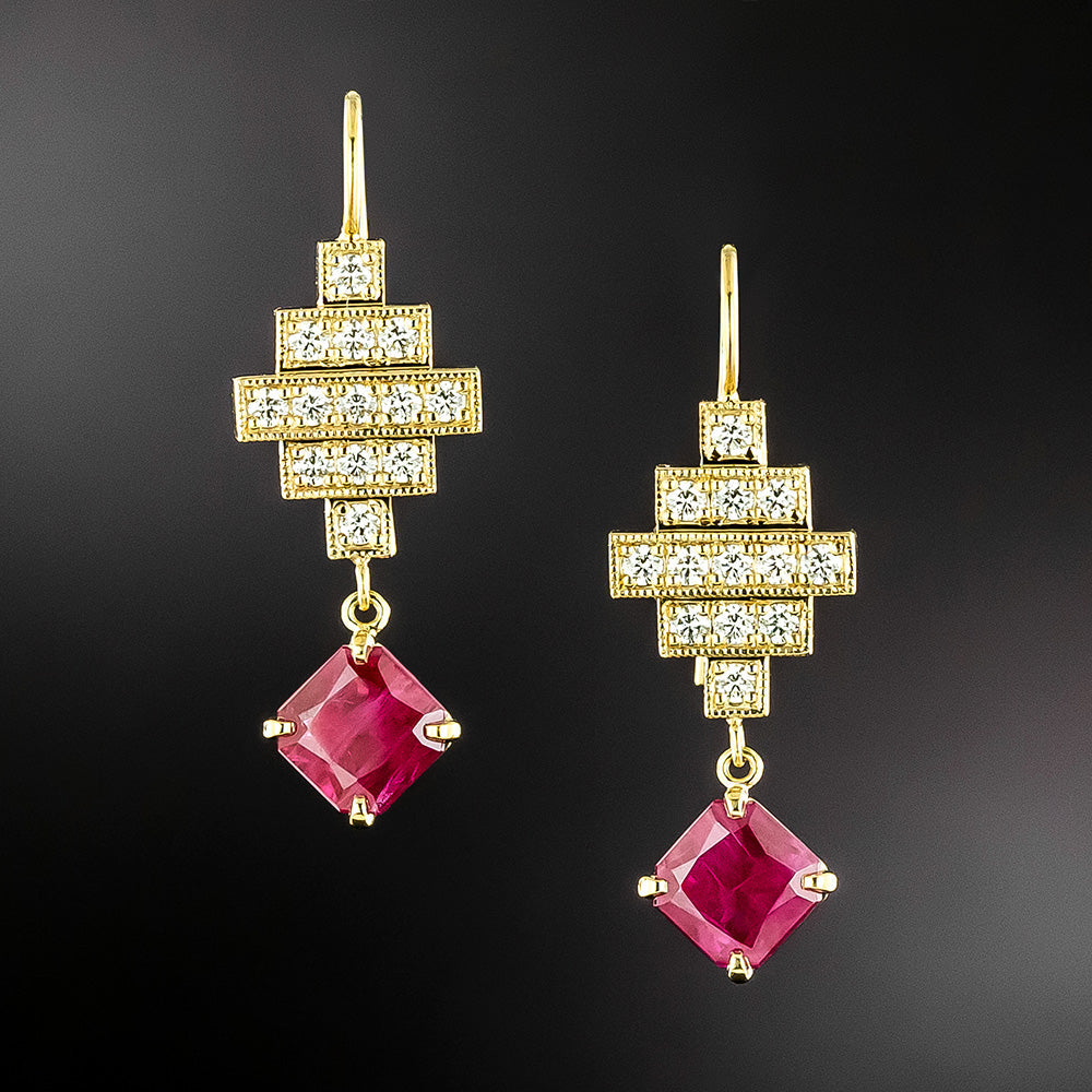 Lang Collection Art Deco-Style Ruby and Diamond 18K Dangle Earrings - 2