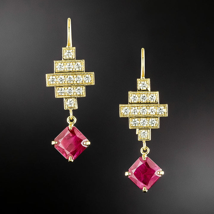 Lang Collection Art Deco-Style Ruby and Diamond 18K Dangle Earrings