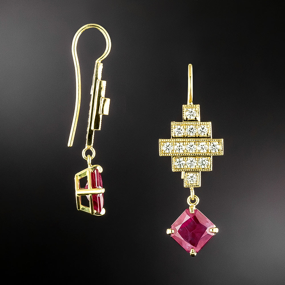 Lang Collection Art Deco-Style Ruby and Diamond 18K Dangle Earrings - 3