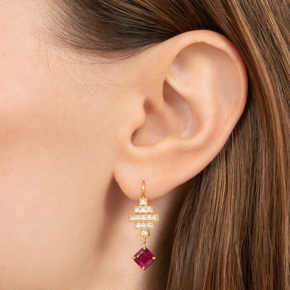 Lang Collection Art Deco-Style Ruby and Diamond 18K Dangle Earrings - 4