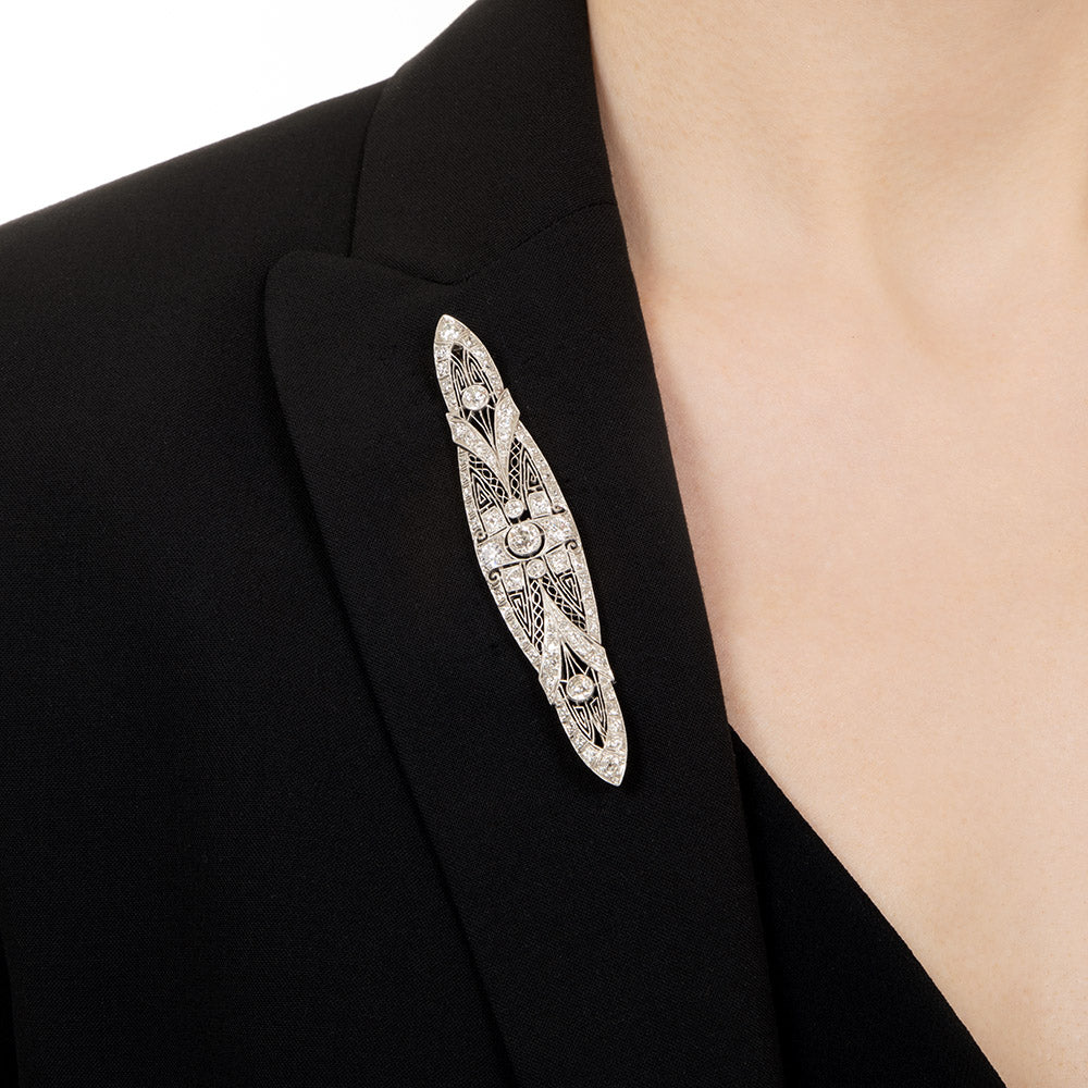 Large Art Deco Filigree Diamond Bar Pin - 9