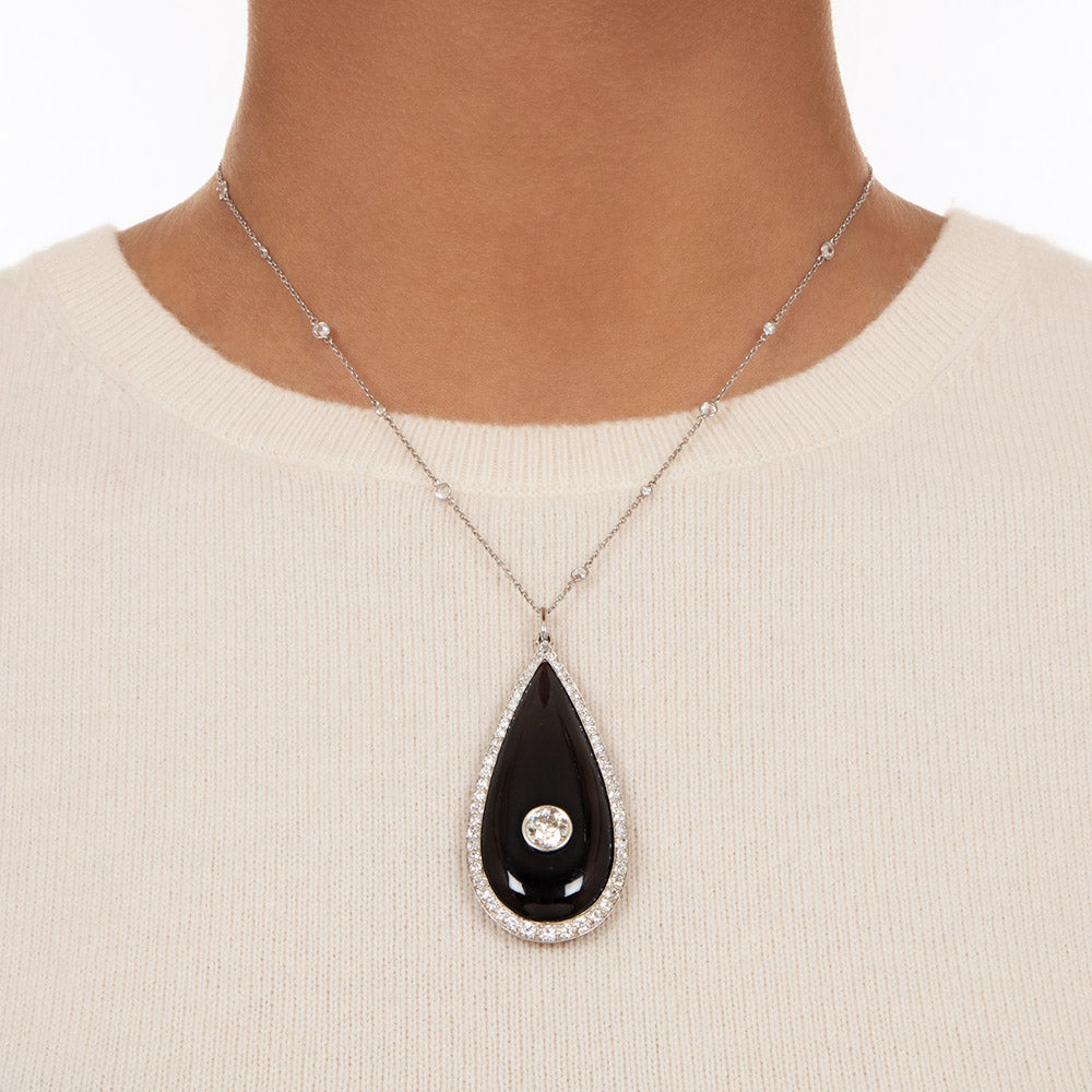 Large Art Deco Onyx and Diamond Necklace Locket - 3