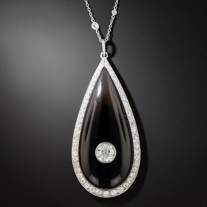 Large Art Deco Onyx and Diamond Necklace Locket