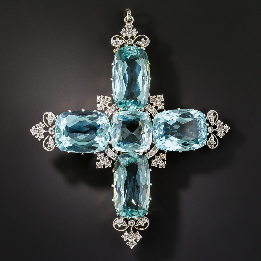 Large Edwardian Aquamarine and Diamond Cross Pendant / Brooch - 2