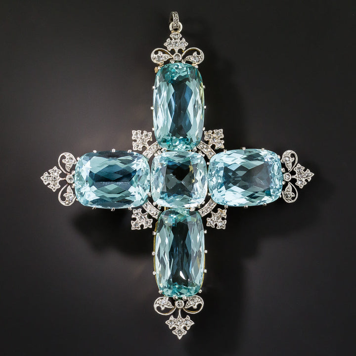 Large Edwardian Aquamarine and Diamond Cross Pendant / Brooch