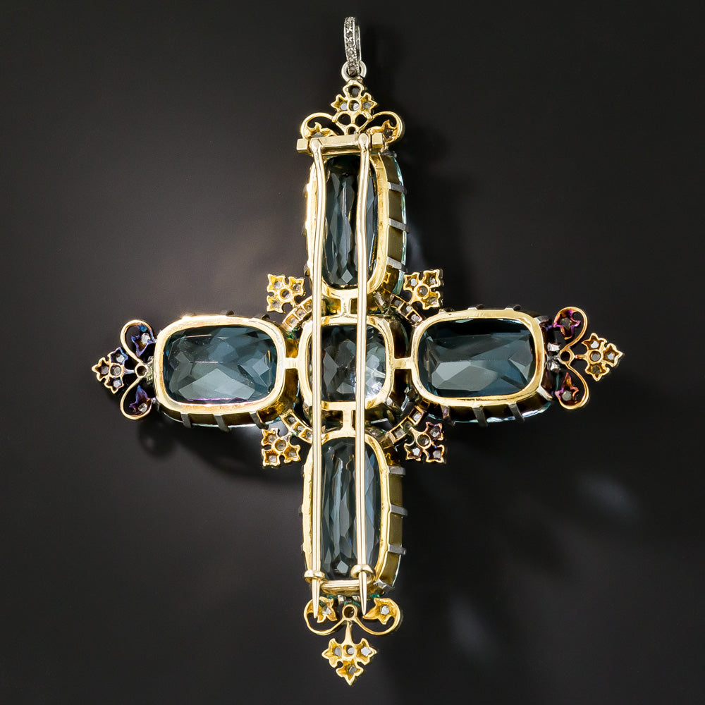 Large Edwardian Aquamarine and Diamond Cross Pendant / Brooch - 4