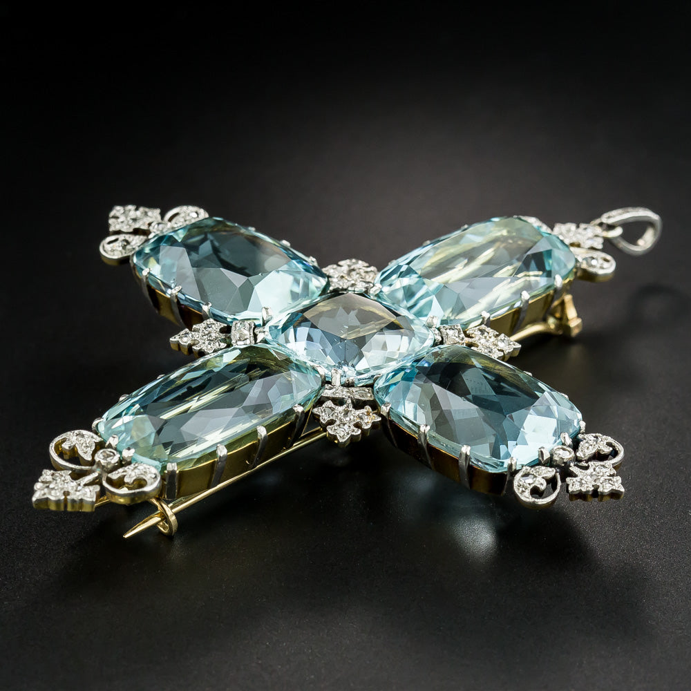 Large Edwardian Aquamarine and Diamond Cross Pendant / Brooch - 5