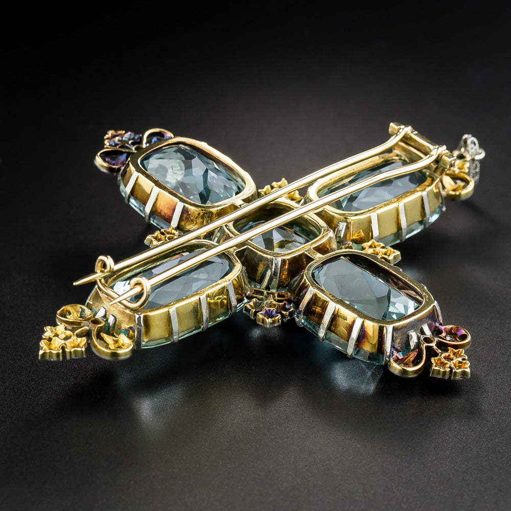 Large Edwardian Aquamarine and Diamond Cross Pendant / Brooch - 6