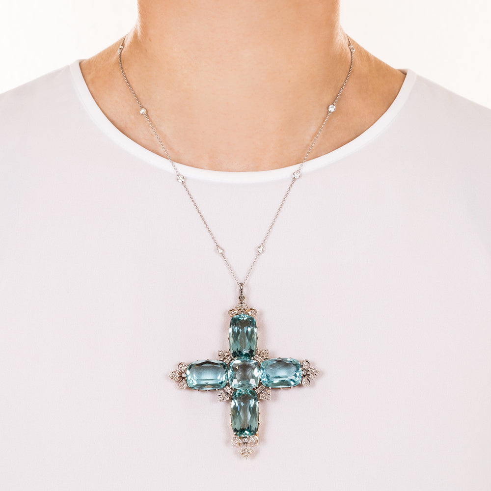 Large Edwardian Aquamarine and Diamond Cross Pendant / Brooch - 7