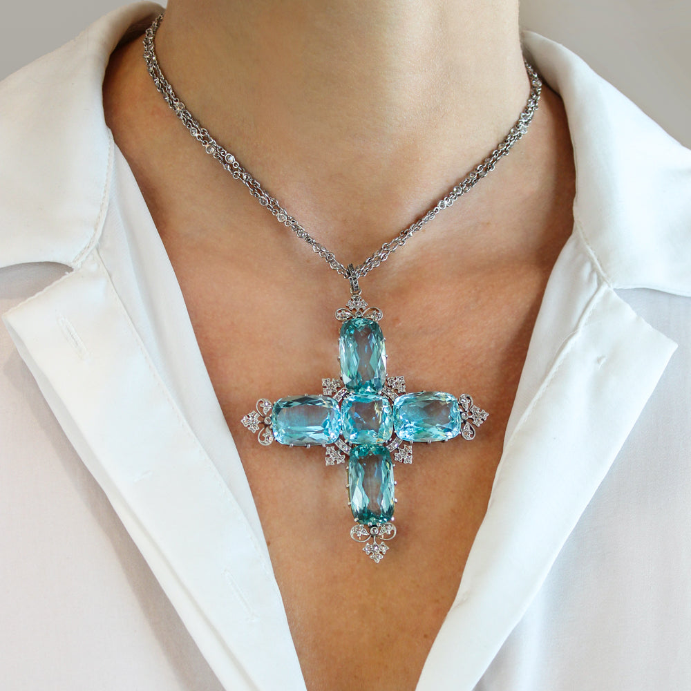 Large Edwardian Aquamarine and Diamond Cross Pendant / Brooch - 8