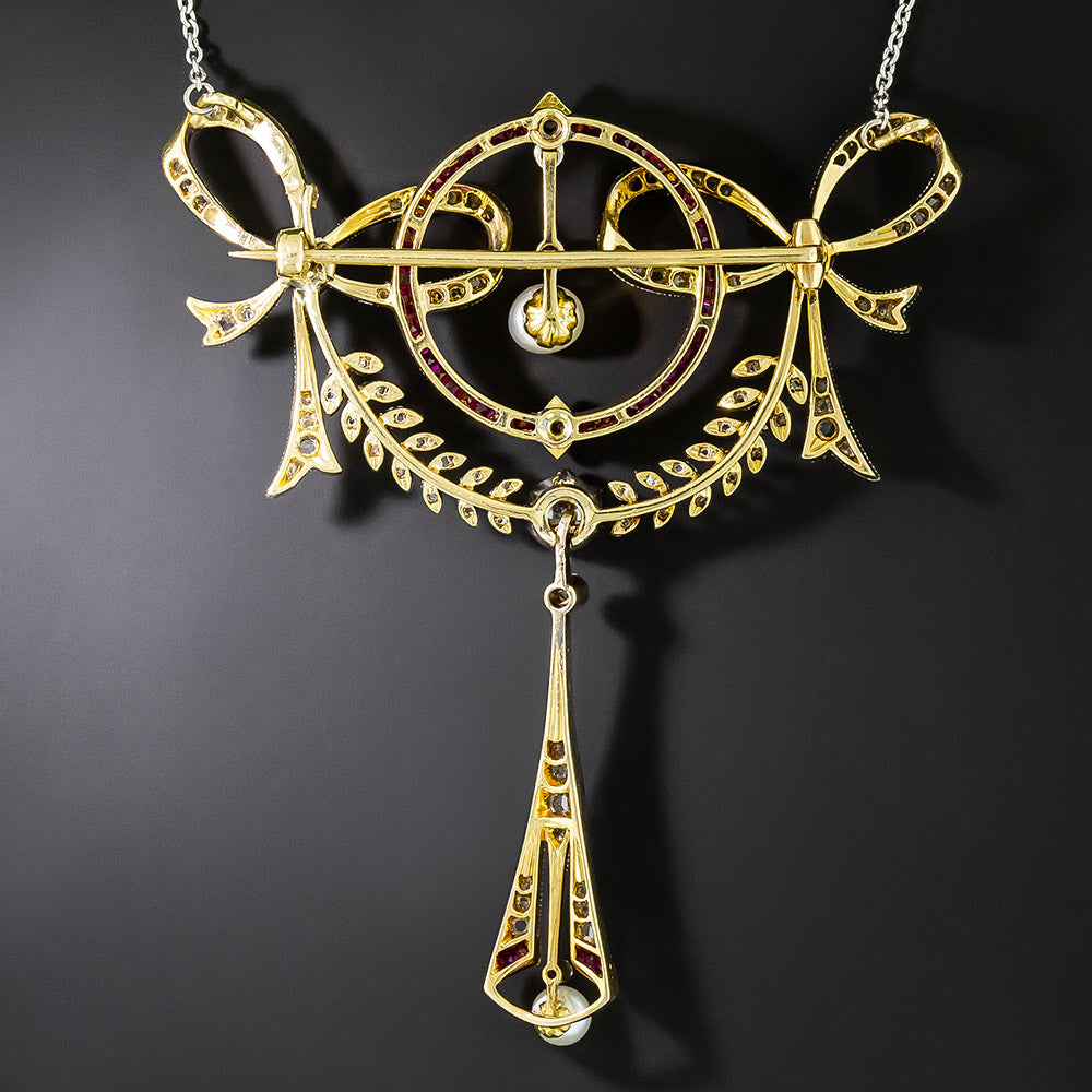 Large Edwardian Diamond, Ruby and Pearl Bow Pendant - 3